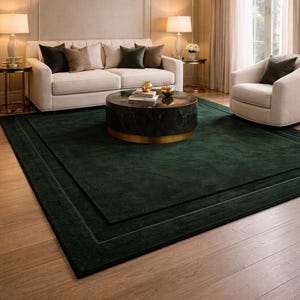 Handgetuft donkergroen wollen vloerkleed | Moderne pluche vloerloper uit het midden van de eeuw