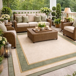 May include: Outdoor patio setting with wicker furniture, including a sofa, two armchairs, and a coffee table. The seating is adorned with light-colored cushions and green throw pillows. A large rug with green and beige borders defines the space, complemented by potted plants and hanging lanterns.