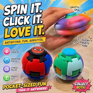 May include: A multi-coloured, tie-dye silicone fidget toy being held, alongside two spherical puzzle fidget toys. One sphere features a red and black Spider-Man mask design, while the other is a mix of green, blue, and orange segments.