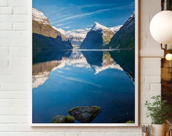 Norway Fjords Mirror Lake Photo Bundle (3 Vertical Prints) – Minimal Blue Printable Wall Art Set for Living Room, Bedroom & Airbnb Hosts