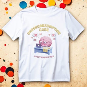 May include: White t-shirt with a graphic featuring a pink brain wearing glasses, working on a laptop at a blue desk. The text "UNDERCONSUMPTION CORE" and "OVERTHINKING MAX" are above and below the graphic.