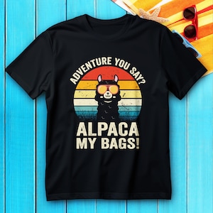 Alpaca My Bags Shirt - Funny Llama Travel Tee with Retro Sunset, Cute Animal Adventure T-Shirt, Vacation Pun Gift for Travelers