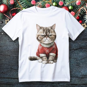 Puede incluir: Camiseta blanca con una ilustración de un gato gruñón que lleva un suéter rojo con diseños de copos de nieve blancos. El gato tiene pelaje marrón y gris y una expresión severa. La camiseta es de cuello redondo.