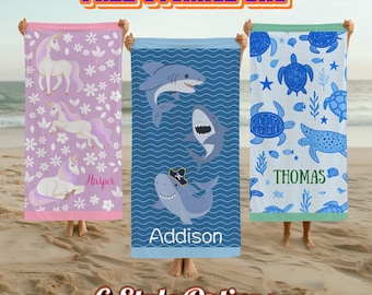 Custom Kids Name Beach Towel,Cute Sea Animal Pool Towel,Fun Animal Beach Designs,Vacation Gift,Unicorn Shark Dinosaur Construction Butterfly