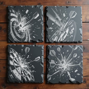 May include: Set of four square slate coasters featuring a dartboard design with darts hitting the target. The black and white images show the darts shattering the dartboard, creating a dynamic and action-packed visual.