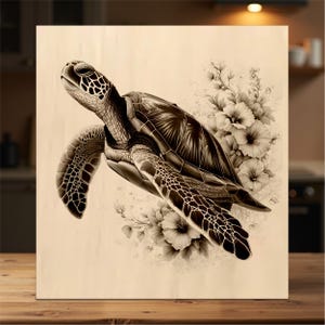Sea turtle engraving file, turtle with flowers Svg, laser engraving file, ocean decor cutting board design, LightBurn LBRN file