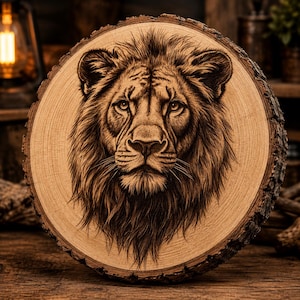 Op de afbeelding: Een ronde houten schijf met een gedetailleerd, donkerbruin lasergegraveerd portret van een leeuwengezicht. De natuurlijke houtnerf is zichtbaar op de achtergrond en de randen van de schijf behouden de ruwe, getextureerde schors van de boom.
