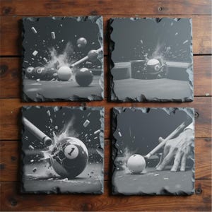 May include: Set of four slate coasters featuring black and white billiard scenes. Each coaster depicts a different moment of a pool game, including a cue stick hitting a ball and balls colliding.