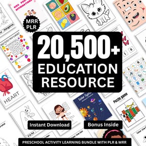 Könnte beinhalten: Eine Sammlung druckbarer Vorschul-Aktivitätsseiten. Das Bild zeigt verschiedene Lernblätter, darunter Labyrinthe, Malvorlagen und Puzzles. Die zentrale Grafik lautet "20.500+ EDUCATION RESOURCE" mit den Labels "Instant Download" und "Bonus Inside".