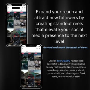 Puede incluir: Dos smartphones muestran reels de v&iacute;deo sobre un fondo oscuro con texto blanco. El texto promueve la expansi&oacute;n del alcance y la atracci&oacute;n de seguidores mediante la creaci&oacute;n de reels destacados. La imagen tambi&eacute;n menciona un paquete de reels de lujo.