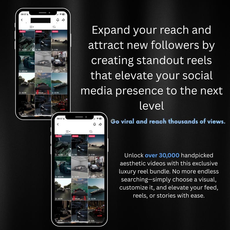 Puede incluir: Dos smartphones muestran reels de v&iacute;deo sobre un fondo oscuro con texto blanco. El texto promueve la expansi&oacute;n del alcance y la atracci&oacute;n de seguidores mediante la creaci&oacute;n de reels destacados. La imagen tambi&eacute;n menciona un paquete de reels de lujo.