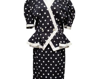 Vintage 80s Jessica Howard Polka Dot Peplum Skirt Suit Size 10 Black White Retro
