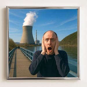 May include: Framed print showing a man with a surprised expression, hands over ears. The background depicts a nuclear power station with a cooling tower, a wooden bridge, and a river under a blue sky.
