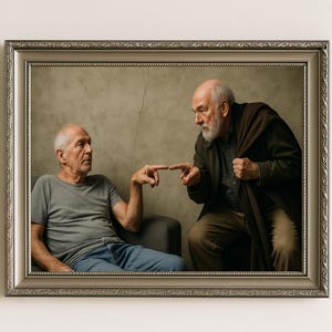 May include: A framed artwork featuring two older men in a classical style. One man, seated, touches fingers with the other, who is standing and gesturing. The frame is silver, and the background is a neutral tone.