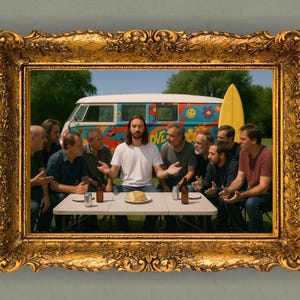 May include: A gold-framed image showing a group of men seated at a table, with a vintage van and surfboard in the background. The van is decorated with a colorful floral design. The frame has an ornate design.