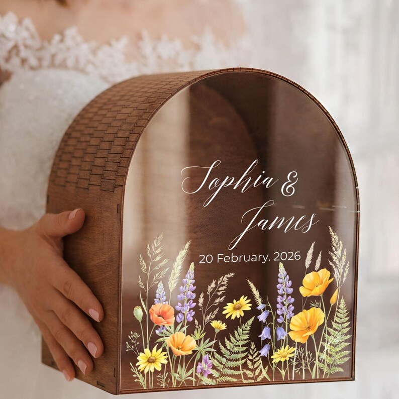 Custom Wedding Card Box With Names & Date, Floral Arch Acrylic Glass ...