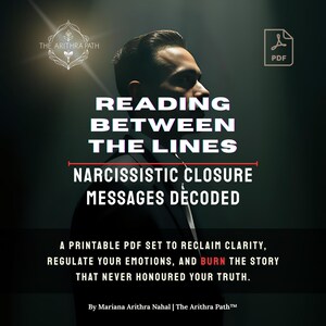 May include: A digital PDF product cover with the title "Reading Between the Lines" and the subtitle "Narcissistic Closure Messages Decoded." The image features a man in profile and the PDF icon. The text promises to help reclaim clarity and regulate emotions.