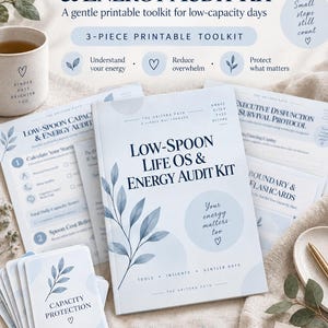 Op de afbeelding: Een 3-delige printbare toolkit genaamd Low-Spoon Life OS & Energy Audit Kit. De set bevat een handleiding, kaarten voor capaciteitsbescherming en een protocol voor executieve disfunctie, voorzien van blauwe bladillustraties en tekst.