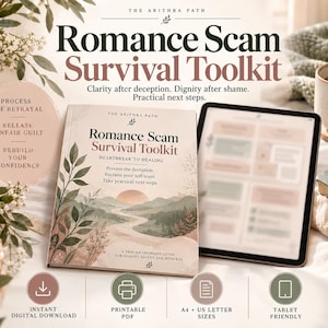 May include: A Romance Scam Survival Toolkit book with a landscape illustration on the cover featuring mountains and a sun. The text reads: Romance Scam Survival Toolkit, Heartbreak to Healing, Process the deception, Reclaim your self-trust, Take practical next steps, A trauma-informed guide for clarity, safety and renewal.