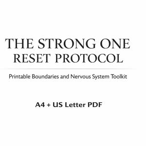 May include: White background with black text. The text reads "THE STRONG ONE RESET PROTOCOL" above "Printable Boundaries and Nervous System Toolkit." Below is "A4 + US Letter PDF."