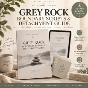 May include: A Grey Rock Boundary Scripts & Detachment Guide book featuring a stack of stones on the cover, accompanied by a digital tablet, a set of cards with leaf illustrations, and a mug with the text Protect your peace printed on it.