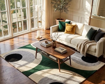 Modern Geometric Tufted Handmade Rug in Green, Grey & Ivory with Bold Circular Design