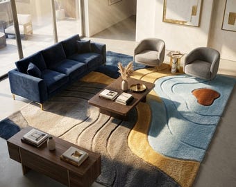 Alfombra moderna abstracta con mechones – Azul marino, gris, beige.