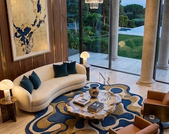 Modern Topography: 3D Sculptural Hand-Tufted Rug in Navy and Mustard