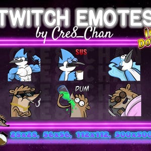Op de afbeelding: Digitale kunstafbeelding met Twitch-emotes van de tekenfilmfiguren Mordecai en Rigby. De emotes tonen verschillende uitdrukkingen en acties, met de tekst "TWITCH EMOTES" en "INSTANT DOWNLOAD!"
