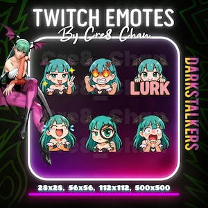 Peut inclure: Graphique d'art numérique avec des emotes Twitch représentant un personnage de dessin animé aux cheveux turquoise et des ailes de chauve-souris. Les emotes affichent diverses expressions. Le texte comprend "TWITCH EMOTES" et "DARKSTALKERS".