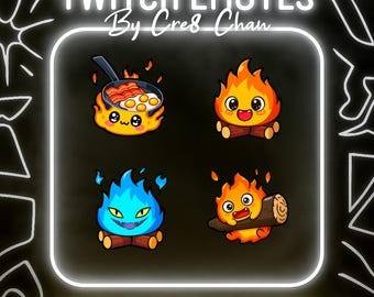Paquete de 4 gestos Ghibli de Calcifer de El castillo ambulante (compatible con Twitch, Discord y otros servicios de streaming) - Kawaii, Anime, Chibi