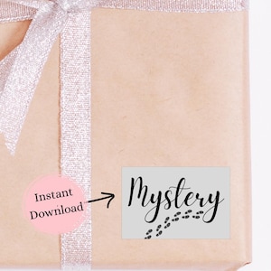 May include: A wrapped gift in brown paper, tied with a silver ribbon. A pink circle with the words "Instant Download" is on the left. A rectangular sticker on the right says "Mystery" with footprints.