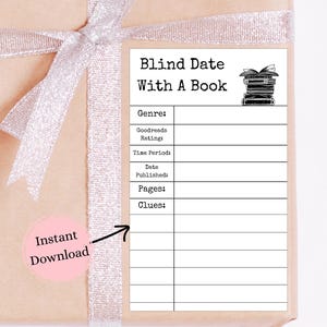 May include: A wrapped gift in brown paper tied with a silver ribbon. A white label with the text "Blind Date With A Book" and a stack of books illustration is attached. The label includes fields for genres, ratings, and clues.