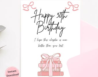 30e verjaardagskaart voor haar, Coquette Bow Esthetic Reading Card voor dertigste leergierige verjaardagsfeestje, kaart voor beste vriend boekenliefhebber