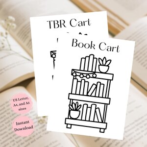 May include: Two white cards with black line art. One card reads "TBR Cart" and the other reads "Book Cart" with a bookshelf illustration. The cards also include text about sizes and instant download.