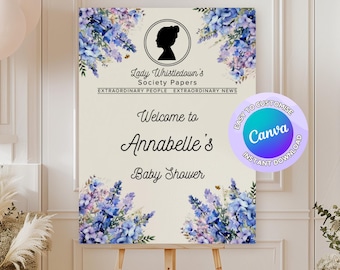 Letrero de bienvenida para baby shower de Bridgerton, inspirado en Lady Whistledown, descarga digital, plantilla de Canva