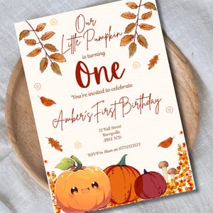 Pumpkin First Birthday Invitation: Editable Fall Party Template (Canva, Printable PDF) 5x7 Inch