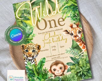 Invito di compleanno a tema "Wild One": modello Canva modificabile a tema safari nella giungla, formato 5 x 7 pollici (download digitale)