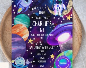 Plantilla de invitación de cumpleaños espacial: Planetas, cohetes, editable e imprimible (Canva, descarga digital)