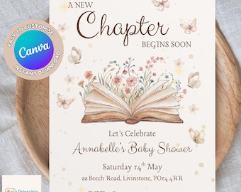 Invitación para baby shower "Comienza un nuevo capítulo", plantilla editable e imprimible de Canva.