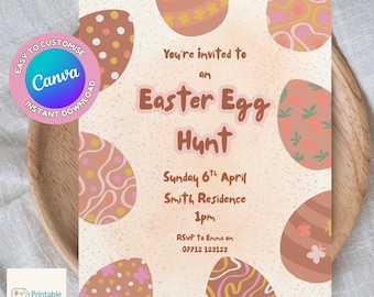 Invitación para la búsqueda de huevos de Pascua, invitación de Pascua para niños, plantilla de Canva editable e imprimible.