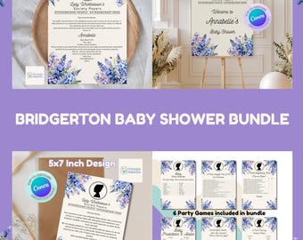 Paquete de baby shower de Bridgerton, inspirado en Lady Whistledown, con invitación, cartel de bienvenida y juegos de fiesta, descarga digital.