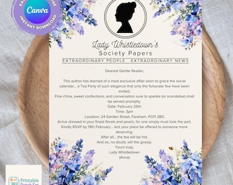 Invitación a la fiesta del té de Bridgerton, inspirada en Lady Whistledown, descarga digital, plantilla de Canva