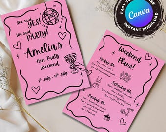 Modello di itinerario per addio al nubilato, invito per addio al nubilato disegnato a mano, invito modificabile Canva