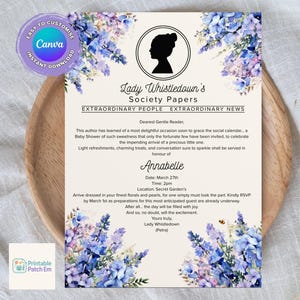 May include: A printable invitation with floral accents and the text "Lady Whistledown's Society Papers." The invitation features a silhouette of a woman and is decorated with blue and purple flowers. The text includes details for a baby shower.