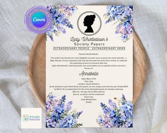 Invitación para baby shower de Bridgerton, inspirada en Lady Whistledown, descarga digital, plantilla de Canva