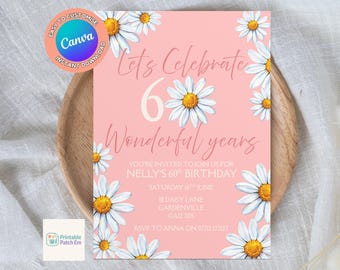 Invitación editable para el 60 cumpleaños, invitación floral para celebrar un hito importante, plantilla imprimible de Canva.