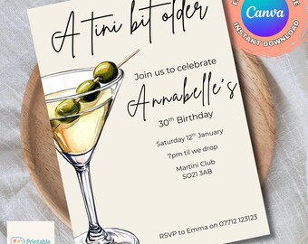 Tini Bit Older Birthday Invite, Martini Themed Invitation, Editable Invite, Canva Template
