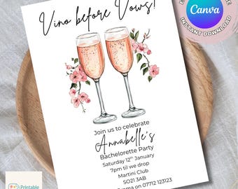 Vino Before Vow's Bachelorette Party invite. Editable Canva Template. Hen Party invitation