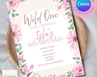 Wild One Geburtstagseinladung, bearbeitbare Mädchen Geburtstag einladen, Canva Vorlage